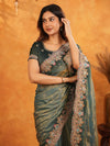 Steel Teal Fendy Satin Embroidered Saree with Floral Border & Tassel Finish | Designer Party Wear Saree with Heavy Embroidered Blouse
