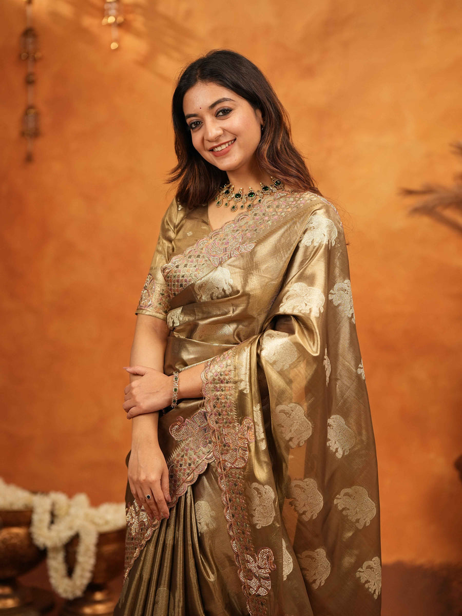 Antique Gold Tissue Silk Embroidered Saree with Rich Zari Motifs & Designer Border | Heavy Embroidered Blouse with Tassels | Wedding Festive Wear Saree