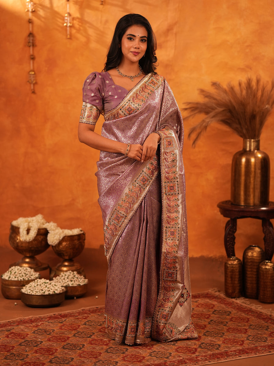 Dusty Mauve Banarasi Silk Saree with Intricate Zari Weaving & Rich Embroidered Border | Wedding & Festive Wear Saree with Blouse