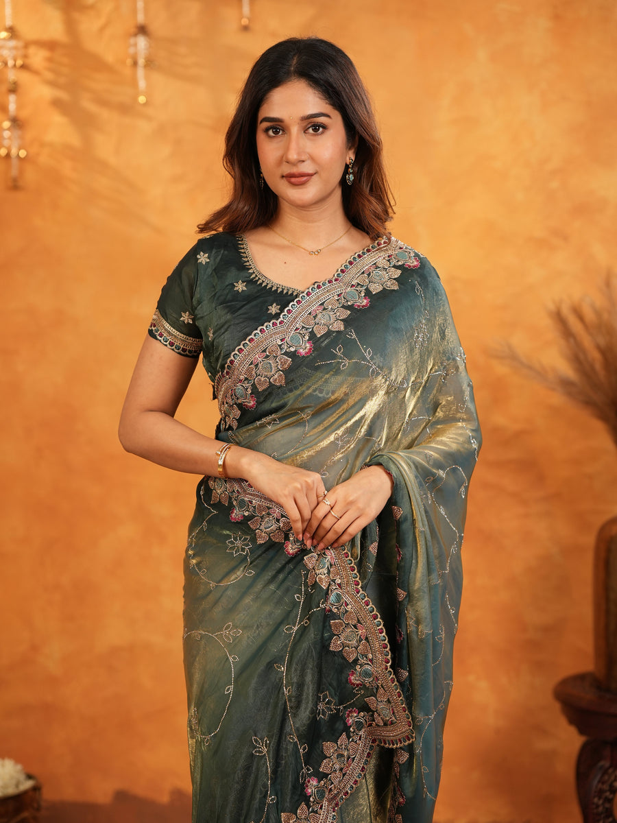 Steel Teal Fendy Satin Embroidered Saree with Floral Border & Tassel Finish | Designer Party Wear Saree with Heavy Embroidered Blouse