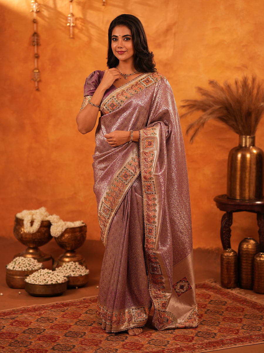 Dusty Mauve Banarasi Silk Saree with Intricate Zari Weaving & Rich Embroidered Border | Wedding & Festive Wear Saree with Blouse