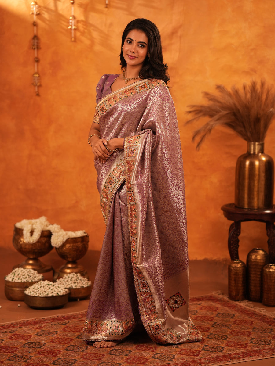 Dusty Mauve Banarasi Silk Saree with Intricate Zari Weaving & Rich Embroidered Border | Wedding & Festive Wear Saree with Blouse