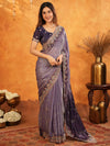 Royal Lavender Purple Fendy Satin Embroidered Saree with Intricate Floral Border & Tassels | Designer Party Wear Saree with Heavy Embroidered Blouse