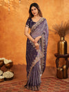 Royal Lavender Purple Fendy Satin Embroidered Saree with Intricate Floral Border & Tassels | Designer Party Wear Saree with Heavy Embroidered Blouse