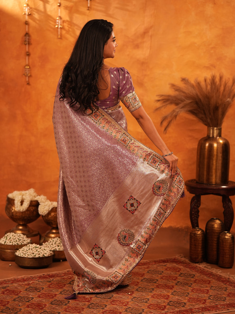 Dusty Mauve Banarasi Silk Saree with Intricate Zari Weaving & Rich Embroidered Border | Wedding & Festive Wear Saree with Blouse