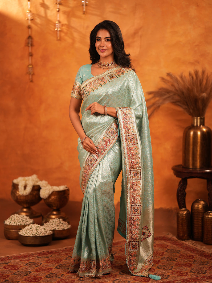 Mint Green Banarasi Silk Saree with Intricate Zari Weaving & Heavy Ornamental Embroidered Border | Festive & Wedding Wear Saree with Blouse