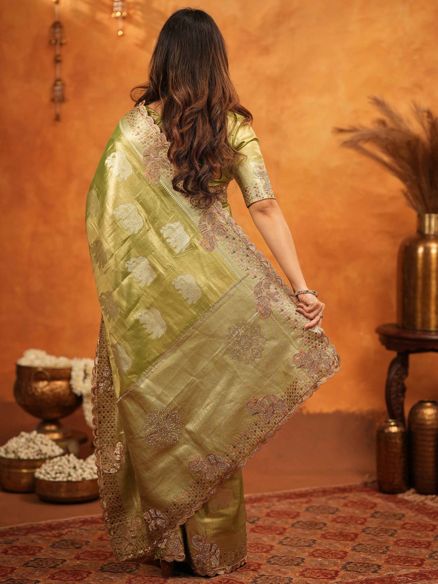Mehendi Green Tissue Silk Embroidered Saree with Zari Motifs & Designer Border | Heavy Embroidered Blouse with Tassels | Wedding & Festive Wear Saree