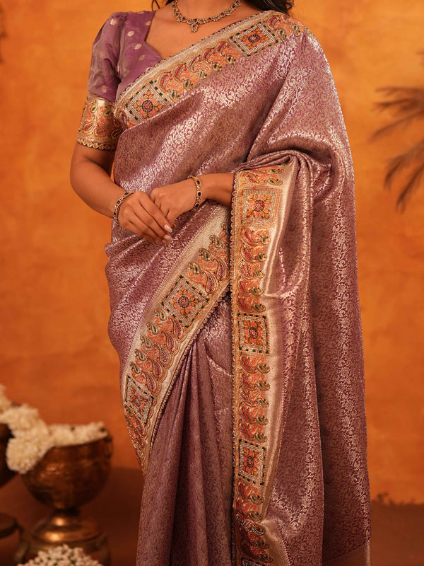 Dusty Mauve Banarasi Silk Saree with Intricate Zari Weaving & Rich Embroidered Border | Wedding & Festive Wear Saree with Blouse