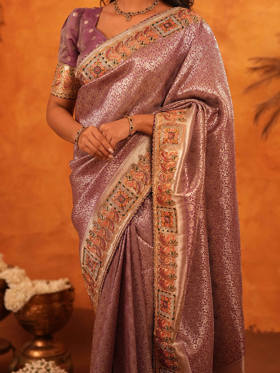Dusty Mauve Banarasi Silk Saree with Intricate Zari Weaving & Rich Embroidered Border | Wedding & Festive Wear Saree with Blouse