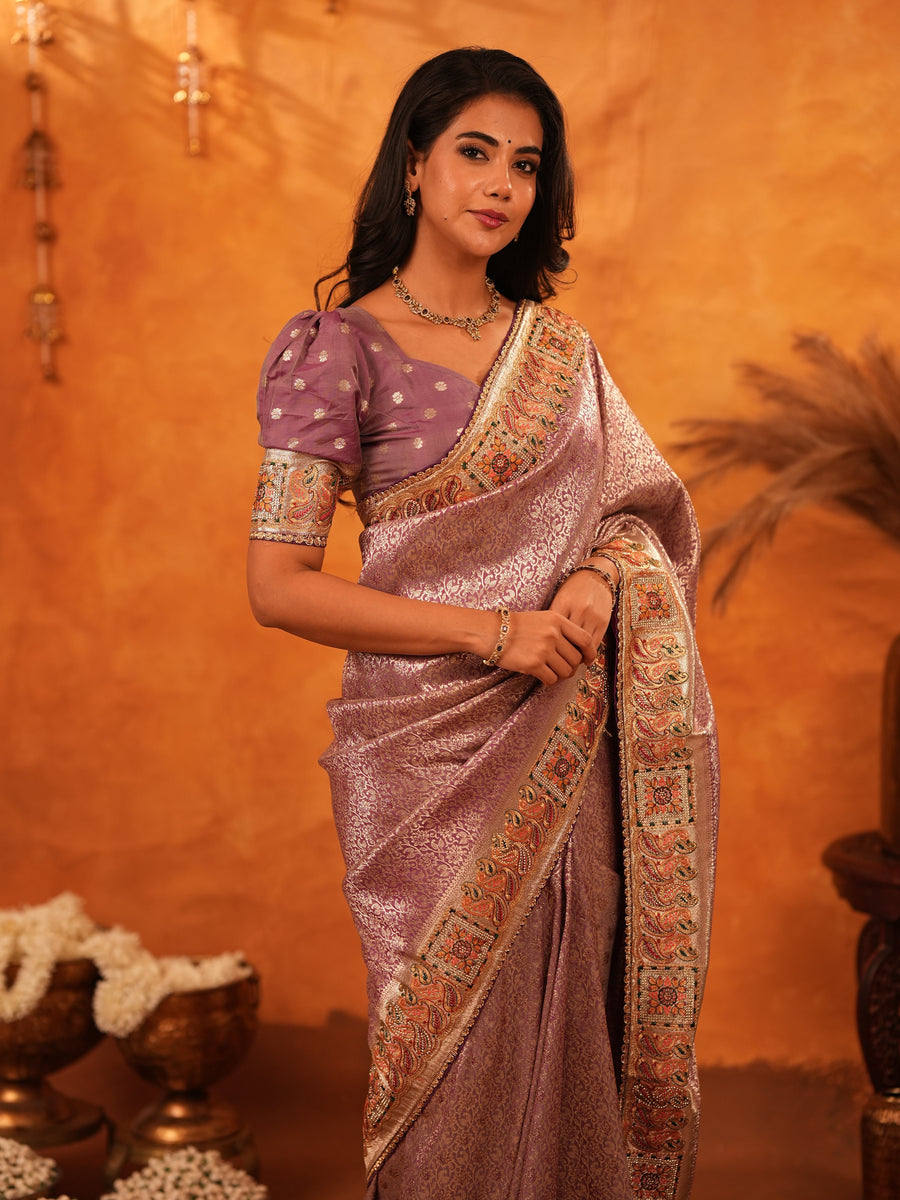Dusty Mauve Banarasi Silk Saree with Intricate Zari Weaving & Rich Embroidered Border | Wedding & Festive Wear Saree with Blouse