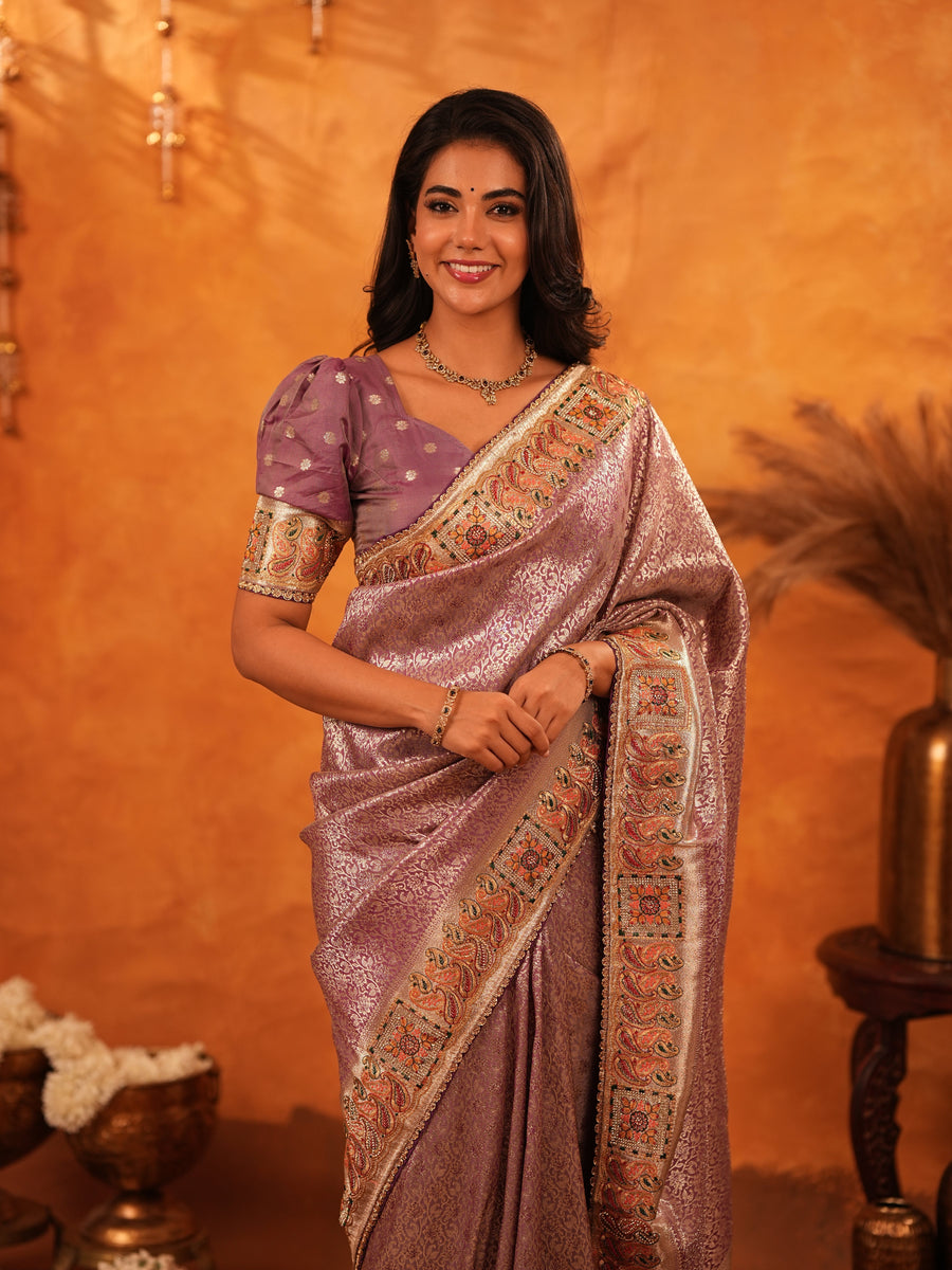 Dusty Mauve Banarasi Silk Saree with Intricate Zari Weaving & Rich Embroidered Border | Wedding & Festive Wear Saree with Blouse