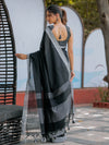 Classic Black Pure Handloom Cotton Saree with Silver Border & Tassel Detailing