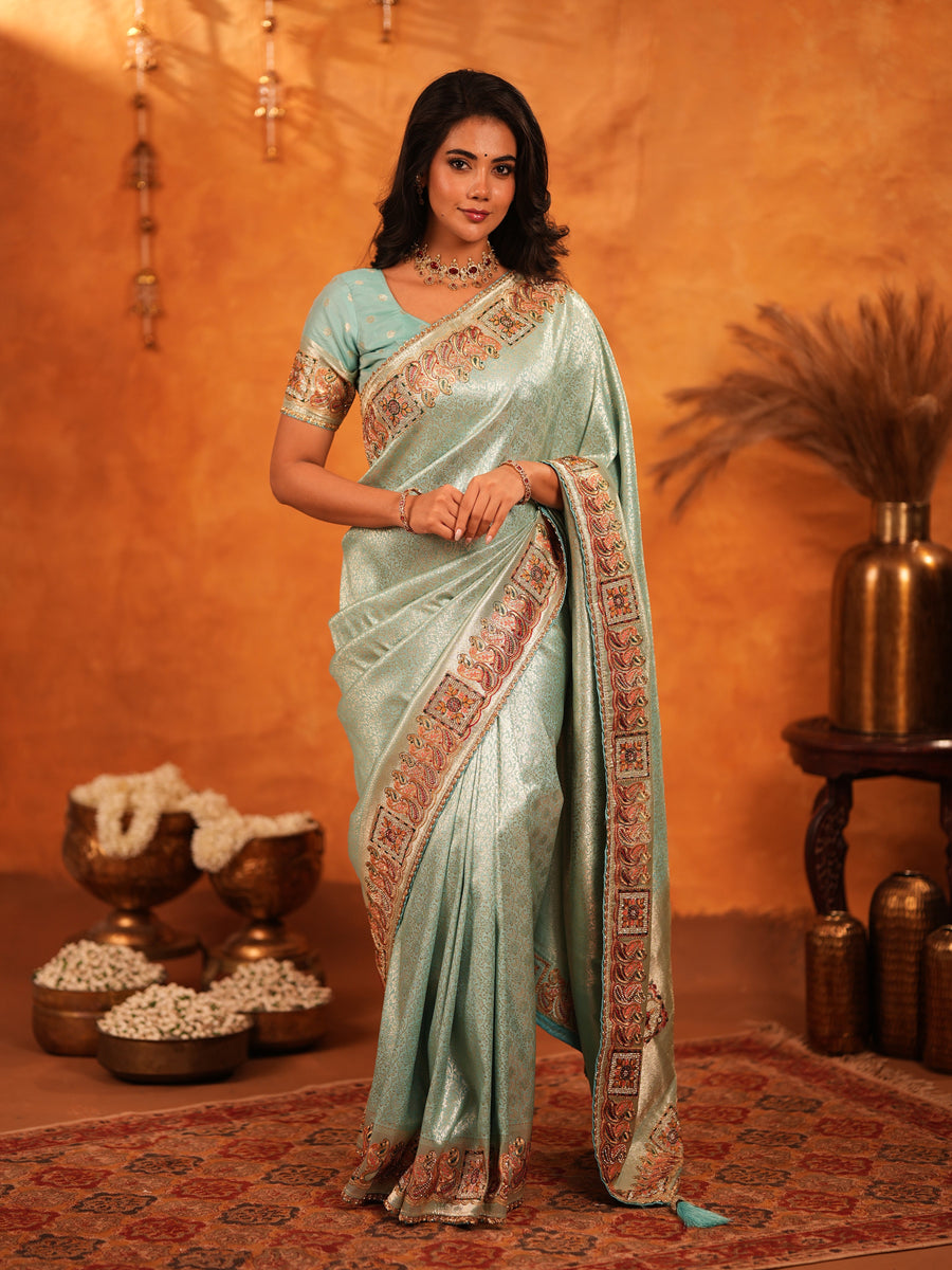 Mint Green Banarasi Silk Saree with Intricate Zari Weaving & Heavy Ornamental Embroidered Border | Festive & Wedding Wear Saree with Blouse