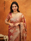 Peach Pink Tissue Silk Embroidered Saree with Zari Motifs & Designer Border | Heavy Embroidered Blouse with Tassels | Wedding & Festive Wear Saree