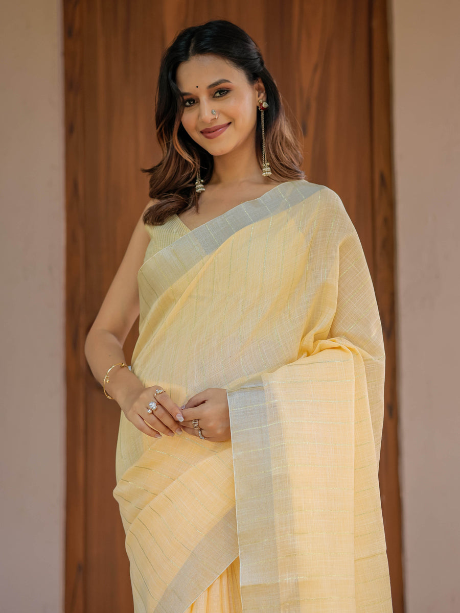 Butter Yellow Pure Handloom Cotton Saree with Golden Striped Weaving & Tassel Detailing