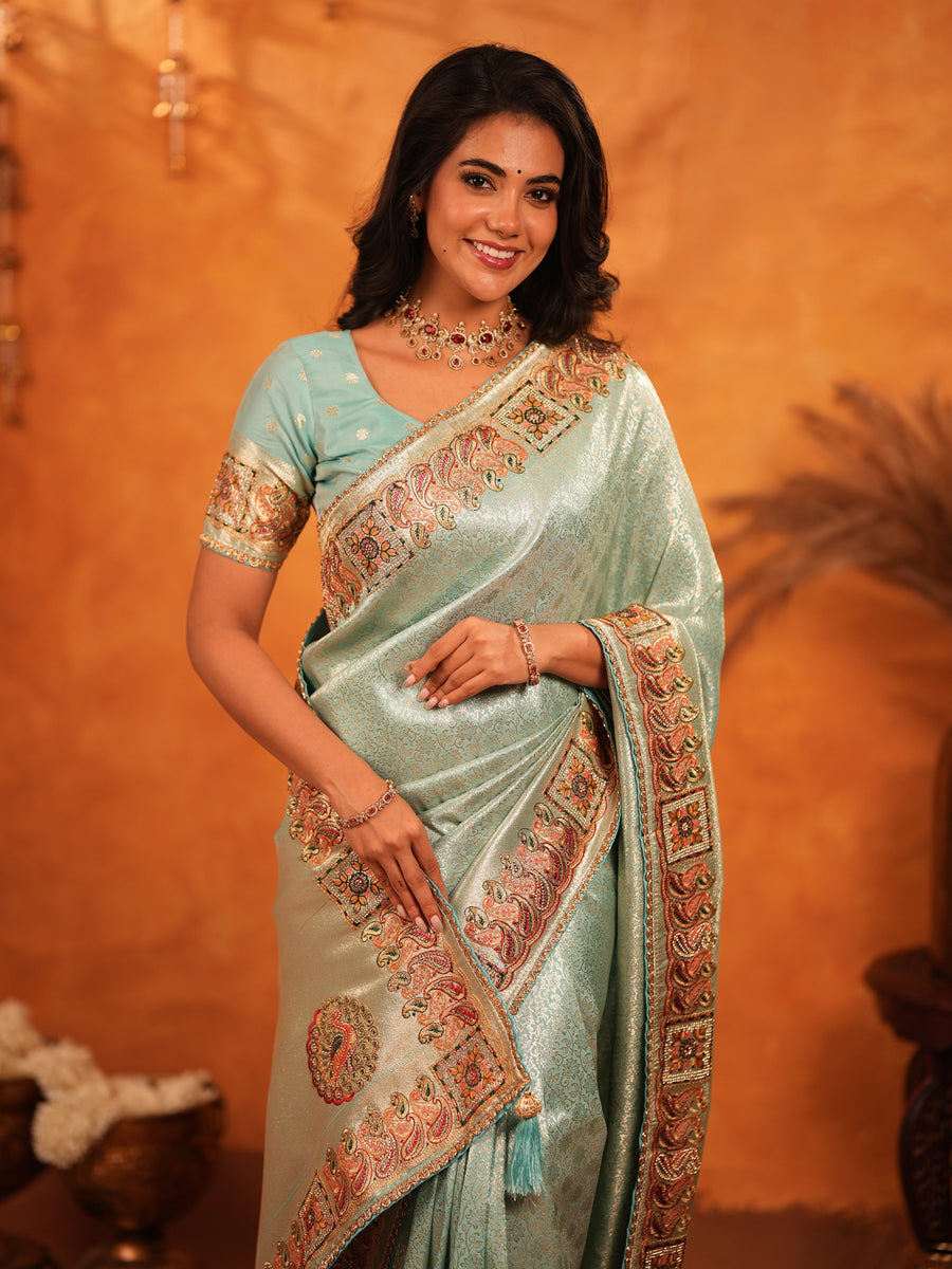 Mint Green Banarasi Silk Saree with Intricate Zari Weaving & Heavy Ornamental Embroidered Border | Festive & Wedding Wear Saree with Blouse