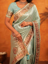 Mint Green Banarasi Silk Saree with Intricate Zari Weaving & Heavy Ornamental Embroidered Border | Festive & Wedding Wear Saree with Blouse