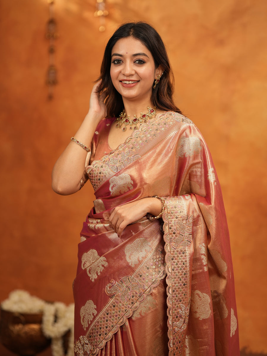 Peach Pink Tissue Silk Embroidered Saree with Zari Motifs & Designer Border | Heavy Embroidered Blouse with Tassels | Wedding & Festive Wear Saree