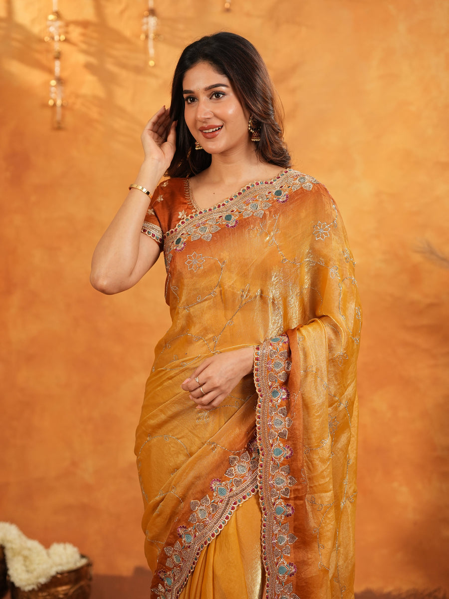 Mustard Gold Fendy Satin Embroidered Saree with Multicolor Floral Border & Tassels | Designer Festive Party Wear Saree with Heavy Embroidered Blouse