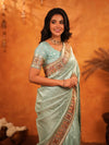 Mint Green Banarasi Silk Saree with Intricate Zari Weaving & Heavy Ornamental Embroidered Border | Festive & Wedding Wear Saree with Blouse