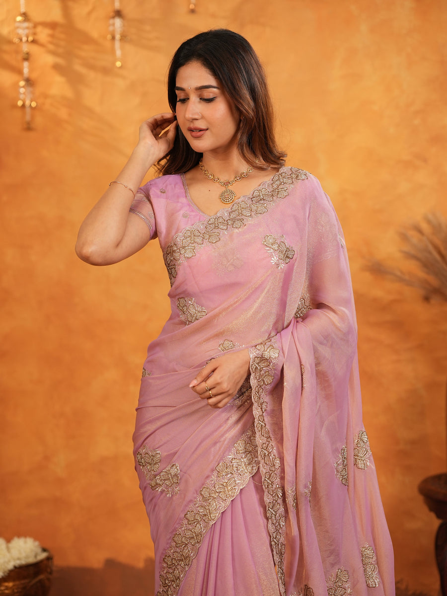 Pastel Baby Pink Fendy Satin Embroidered Saree with Rich Floral Border & Tassels | Designer Saree with Heavy Embroidered Blouse