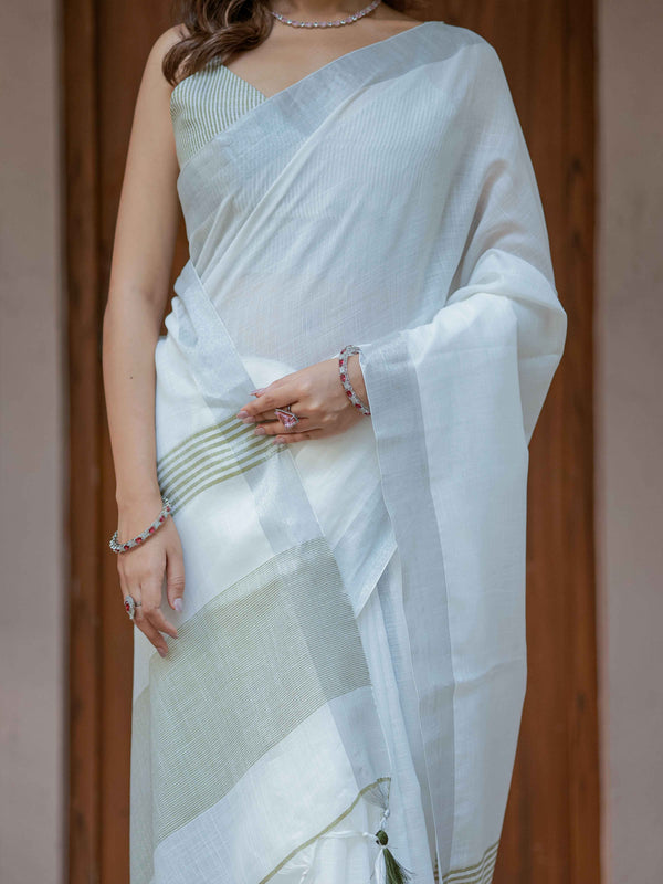Pure White & Olive Green Handloom Cotton Saree with Minimal Striped Border & Tassel Detailing