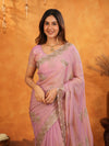 Pastel Baby Pink Fendy Satin Embroidered Saree with Rich Floral Border & Tassels | Designer Saree with Heavy Embroidered Blouse