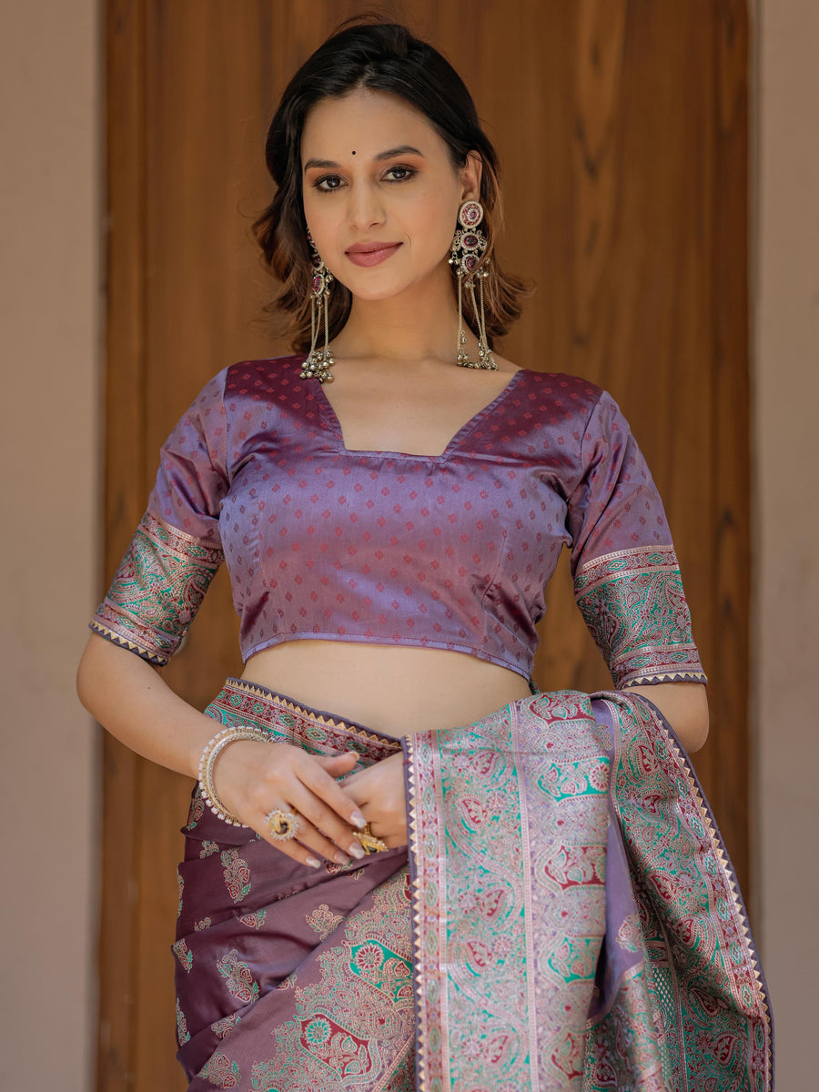 Royal Lavender Purple Banarasi Silk Saree with Intricate Paisley Zari Weaving & Tassel Detailing