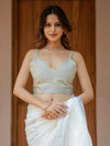 Pure White & Olive Green Handloom Cotton Saree with Minimal Striped Border & Tassel Detailing