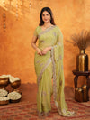 Pista Green Fendy Satin Embroidered Saree with Floral Border & Tassels | Pastel Designer Saree with Heavy Embroidered Blouse