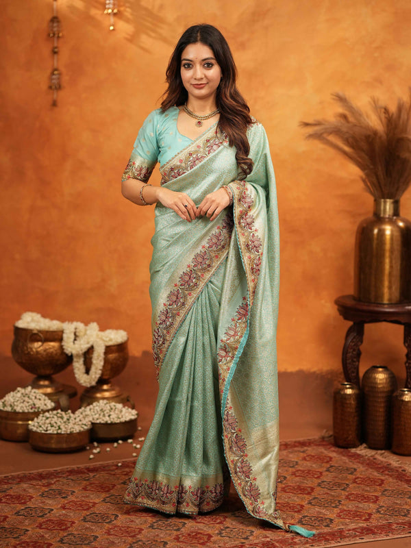 Aqua Green Banarasi Silk Embroidered Saree with Floral Border & Zari Weaving | Heavy Embroidered Blouse with Tassels | Wedding & Festive Wear Saree