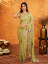 Pista Green Fendy Satin Embroidered Saree with Floral Border & Tassels | Pastel Designer Saree with Heavy Embroidered Blouse