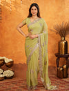 Pista Green Fendy Satin Embroidered Saree with Floral Border & Tassels | Pastel Designer Saree with Heavy Embroidered Blouse
