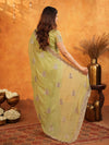 Pista Green Fendy Satin Embroidered Saree with Floral Border & Tassels | Pastel Designer Saree with Heavy Embroidered Blouse