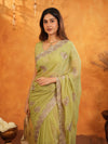Pista Green Fendy Satin Embroidered Saree with Floral Border & Tassels | Pastel Designer Saree with Heavy Embroidered Blouse