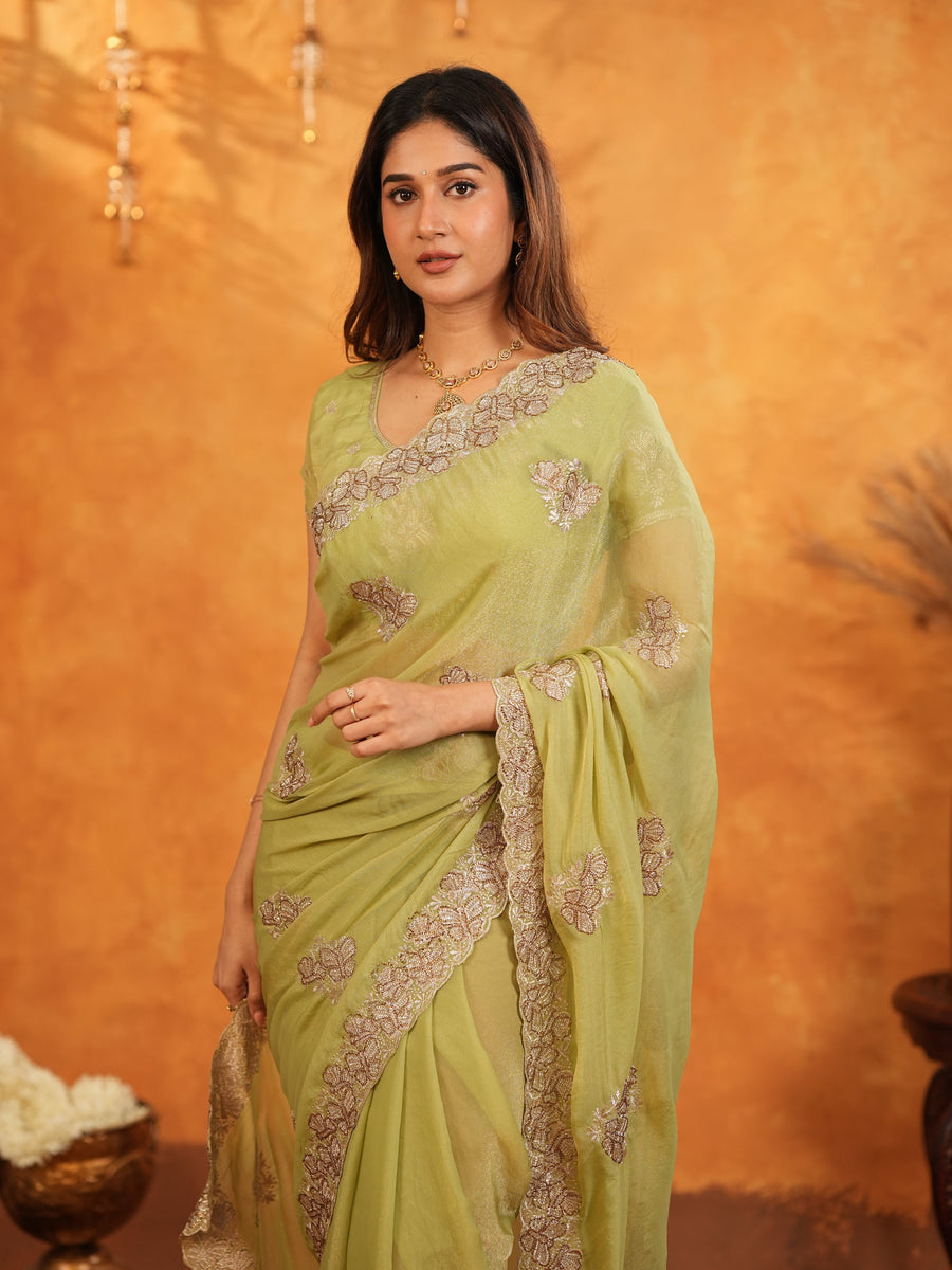 Pista Green Fendy Satin Embroidered Saree with Floral Border & Tassels | Pastel Designer Saree with Heavy Embroidered Blouse