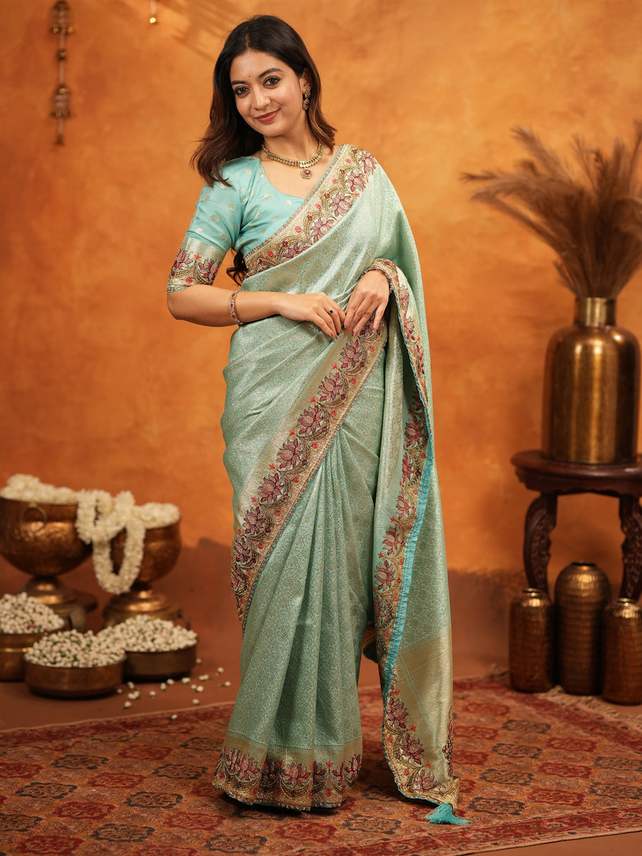 Aqua Green Banarasi Silk Embroidered Saree with Floral Border & Zari Weaving | Heavy Embroidered Blouse with Tassels | Wedding & Festive Wear Saree
