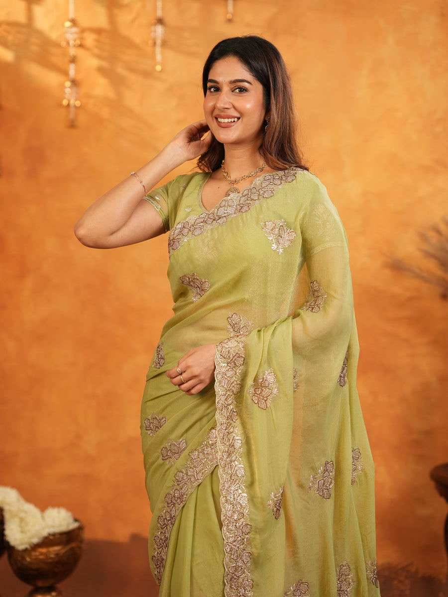 Pista Green Fendy Satin Embroidered Saree with Floral Border & Tassels | Pastel Designer Saree with Heavy Embroidered Blouse