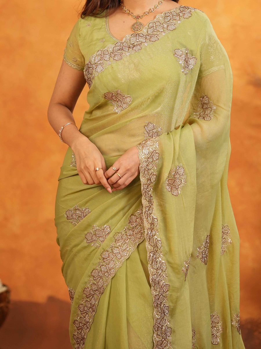 Pista Green Fendy Satin Embroidered Saree with Floral Border & Tassels | Pastel Designer Saree with Heavy Embroidered Blouse
