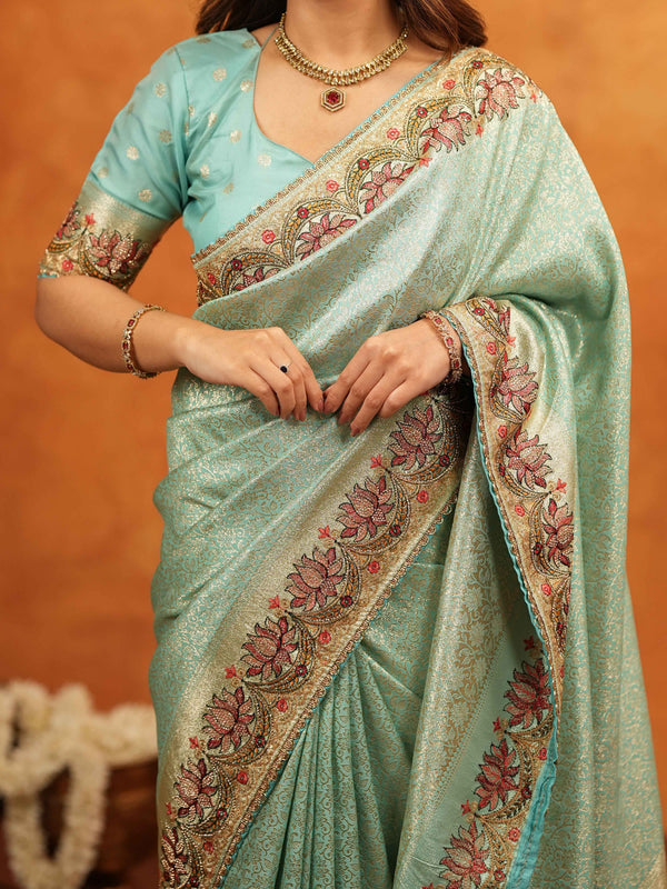 Aqua Green Banarasi Silk Embroidered Saree with Floral Border & Zari Weaving | Heavy Embroidered Blouse with Tassels | Wedding & Festive Wear Saree