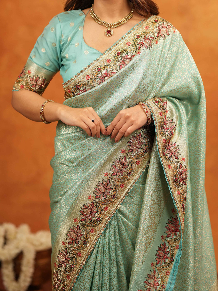 Aqua Green Banarasi Silk Embroidered Saree with Floral Border & Zari Weaving | Heavy Embroidered Blouse with Tassels | Wedding & Festive Wear Saree