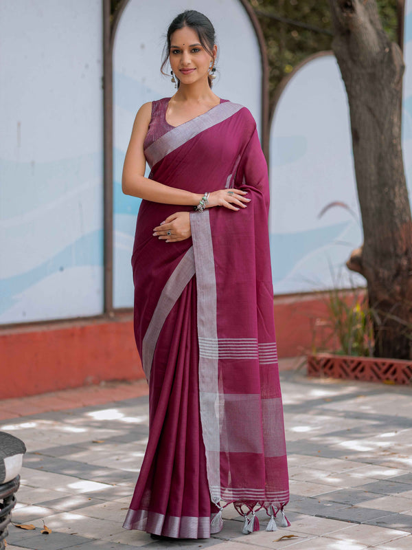 Wine Purple Pure Handloom Cotton Saree with Silver Border & Tassel Detailing