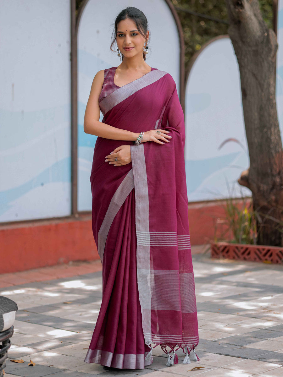 Wine Purple Pure Handloom Cotton Saree with Silver Border & Tassel Detailing