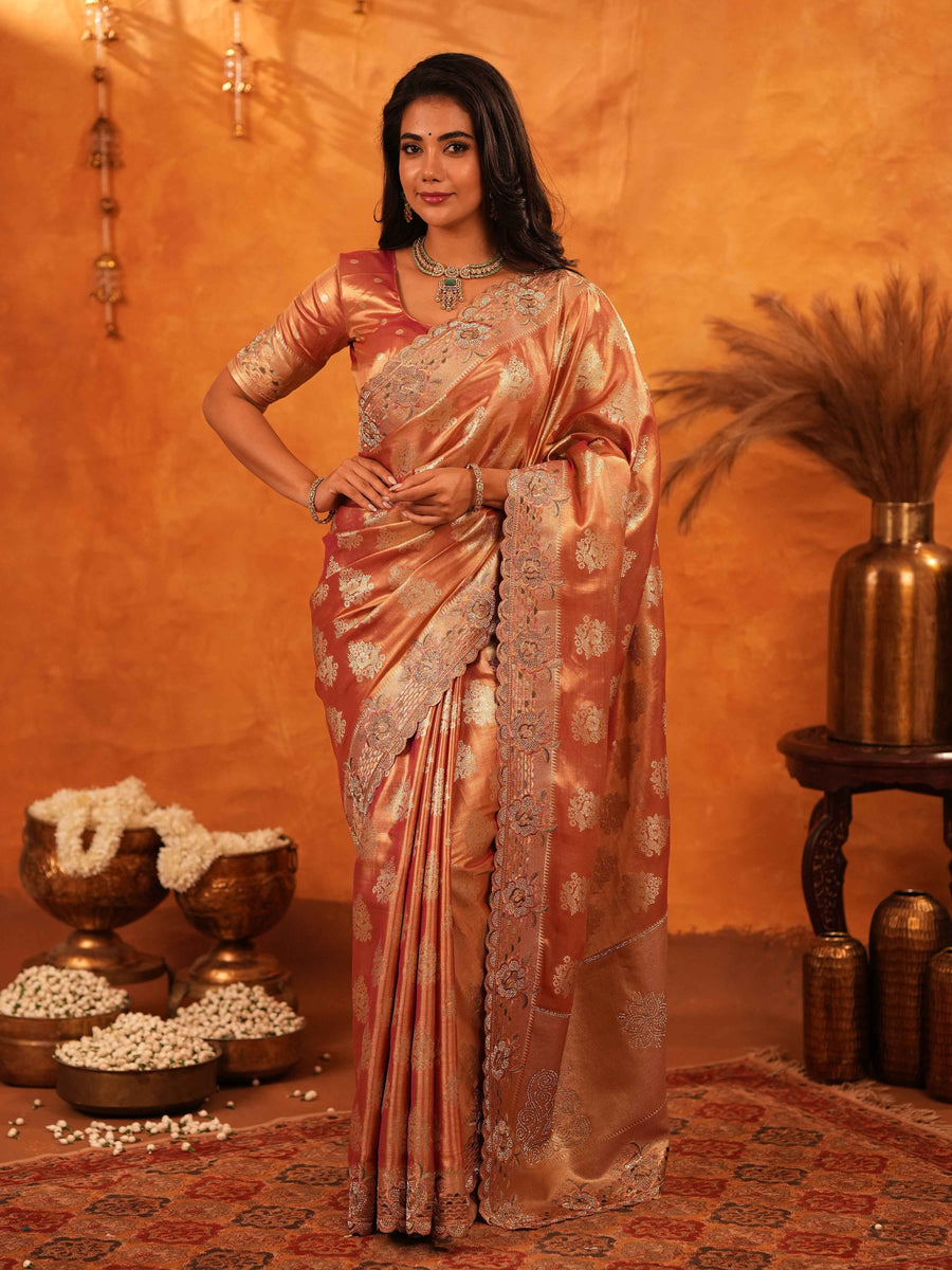 Rose Gold Banarasi Silk Saree with Floral Zari Butti & Scalloped Embroidered Border | Premium Wedding & Festive Wear Designer Saree
