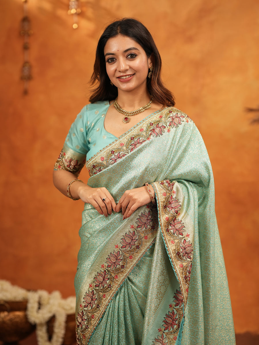 Aqua Green Banarasi Silk Embroidered Saree with Floral Border & Zari Weaving | Heavy Embroidered Blouse with Tassels | Wedding & Festive Wear Saree
