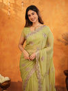 Pista Green Fendy Satin Embroidered Saree with Floral Border & Tassels | Pastel Designer Saree with Heavy Embroidered Blouse