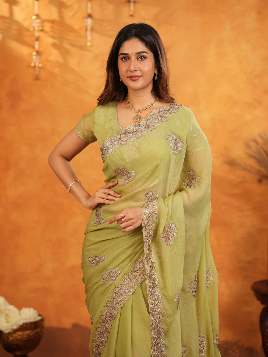 Pista Green Fendy Satin Embroidered Saree with Floral Border & Tassels | Pastel Designer Saree with Heavy Embroidered Blouse