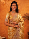 Mustard Gold Banarasi Silk Saree with Floral Zari Butti & Scalloped Embroidered Border | Premium Festive & Wedding Wear Designer Saree