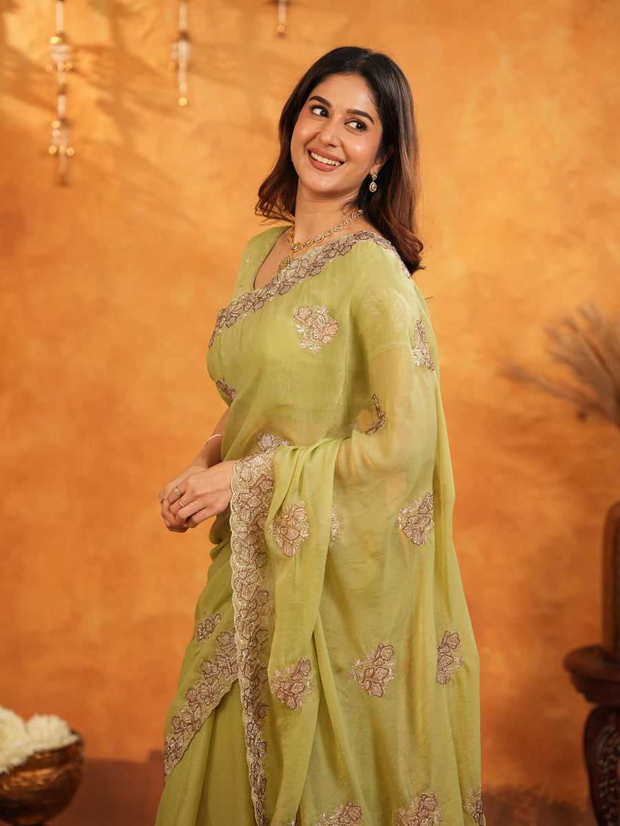Pista Green Fendy Satin Embroidered Saree with Floral Border & Tassels | Pastel Designer Saree with Heavy Embroidered Blouse