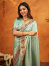 Aqua Green Banarasi Silk Embroidered Saree with Floral Border & Zari Weaving | Heavy Embroidered Blouse with Tassels | Wedding & Festive Wear Saree